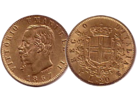 Italian gold coin "Marengo" (Vittorio Emanuele and Umberto)